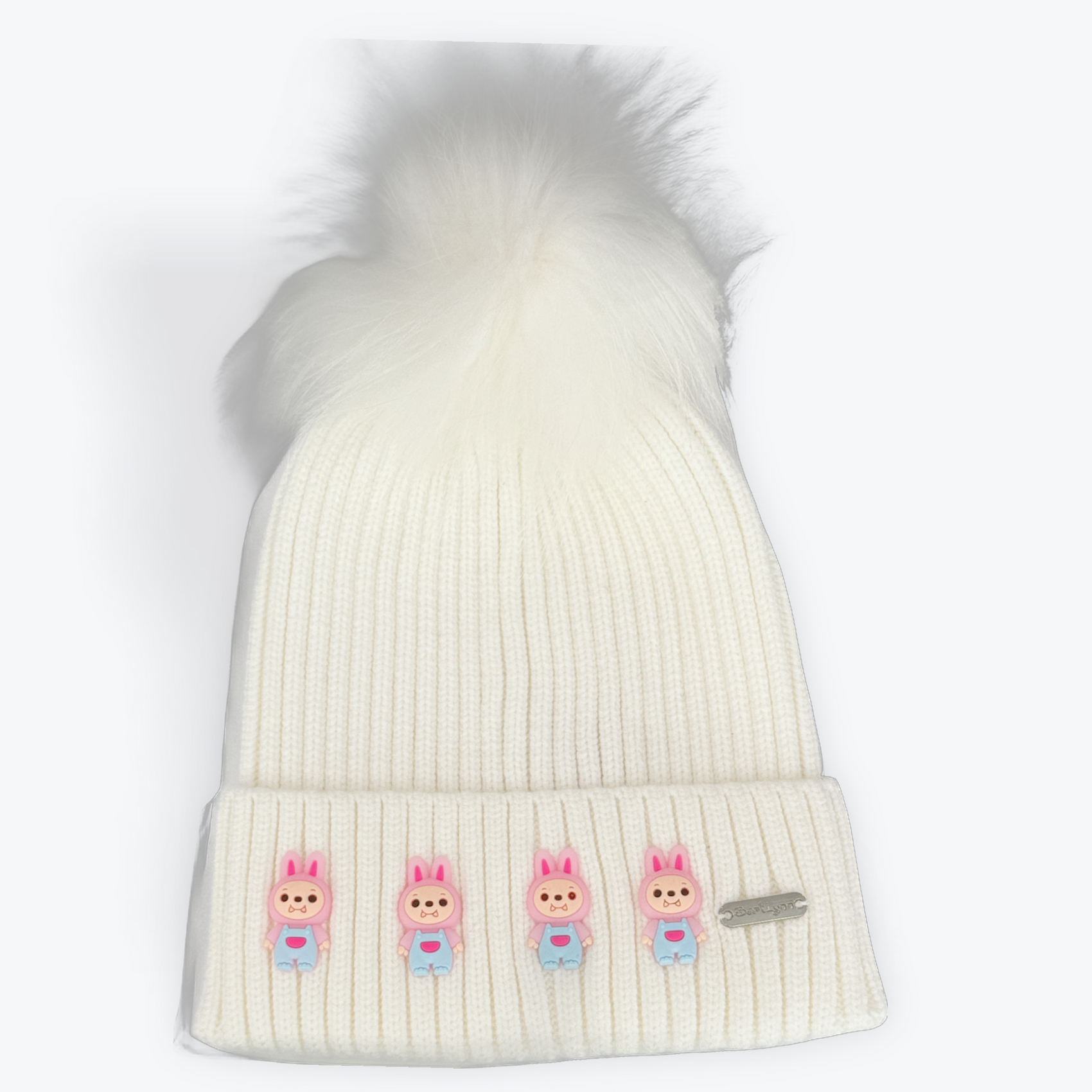 Bari Lynn Monster Hat w/Fur Pom White