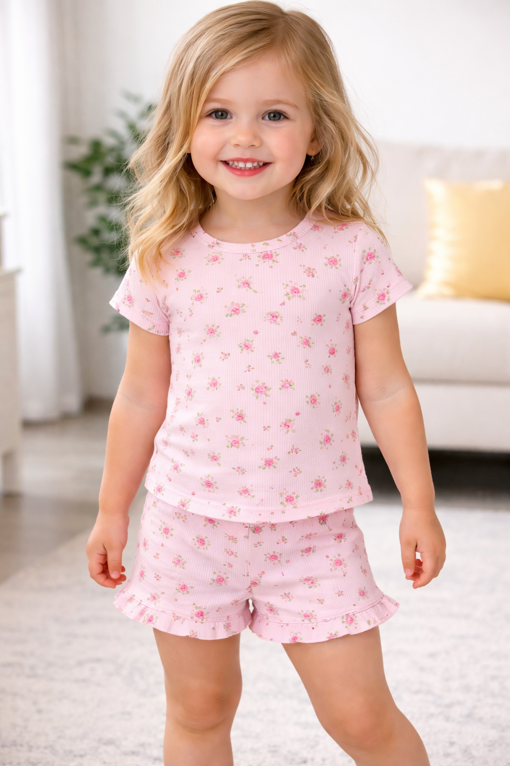 Sofi Pink Flower Tee Shirt & Ruffle Shorts Set