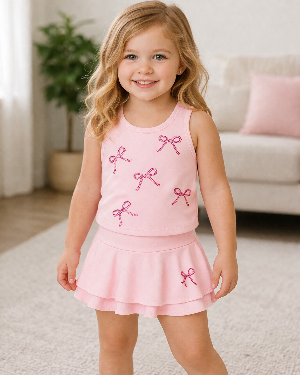 Sofi Pink Stone Bows Tank and Skort Set