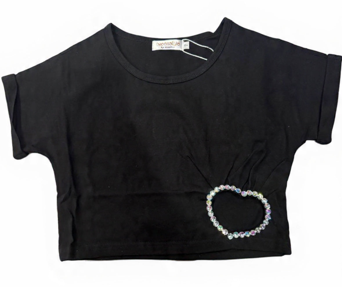 Tweenstyle Rhinestone Heart Cropped Tee