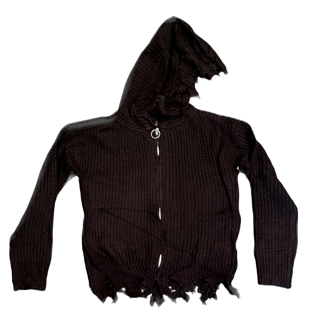Black Distressed Zip-Up Sweater