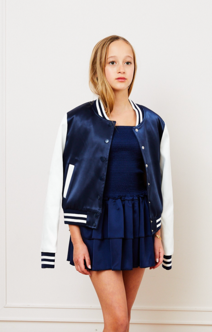 Theme Valley Satin Varsity Jacket Navy & White