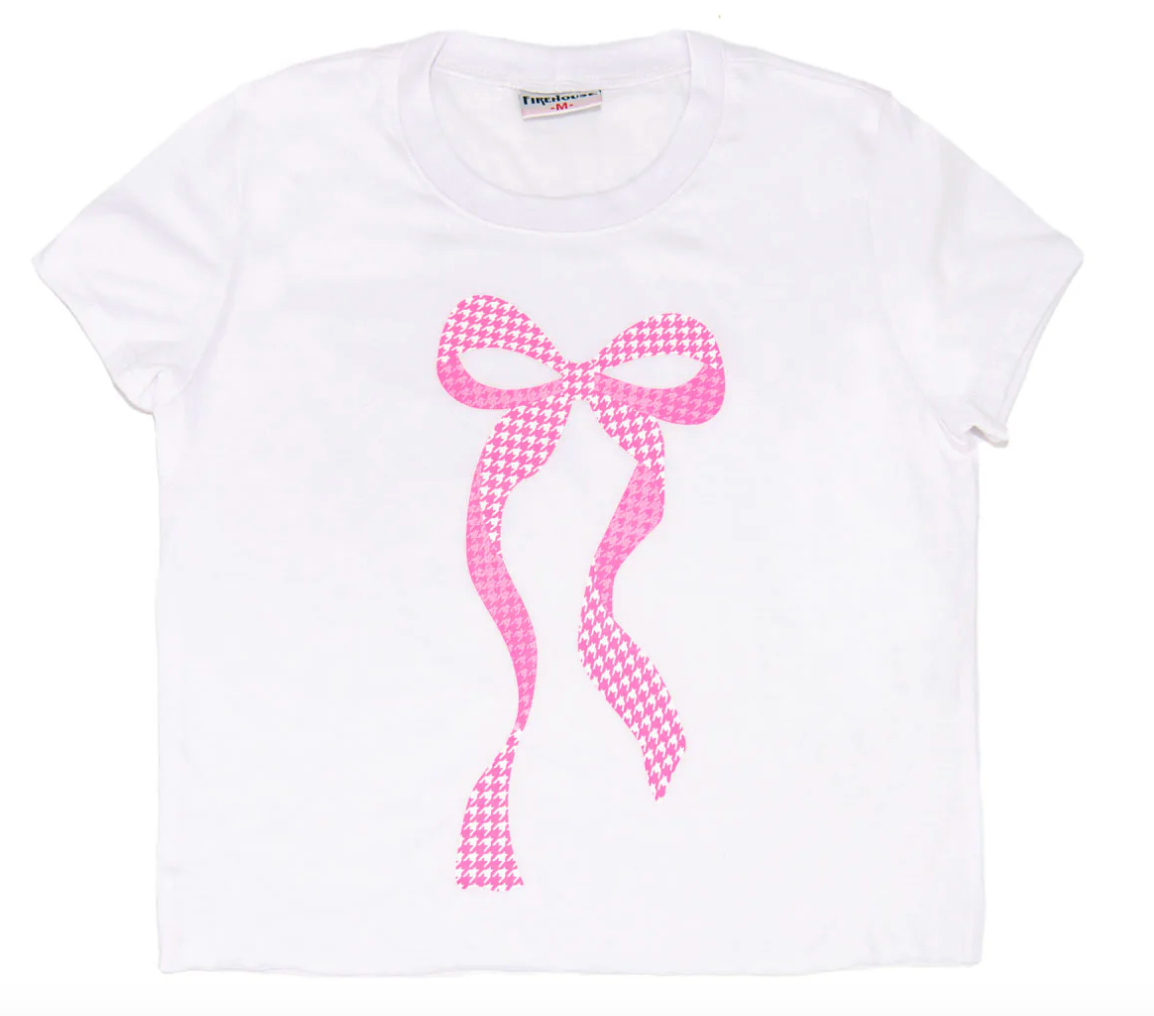 Firehouse Pink Gingham Long Bow Tee White