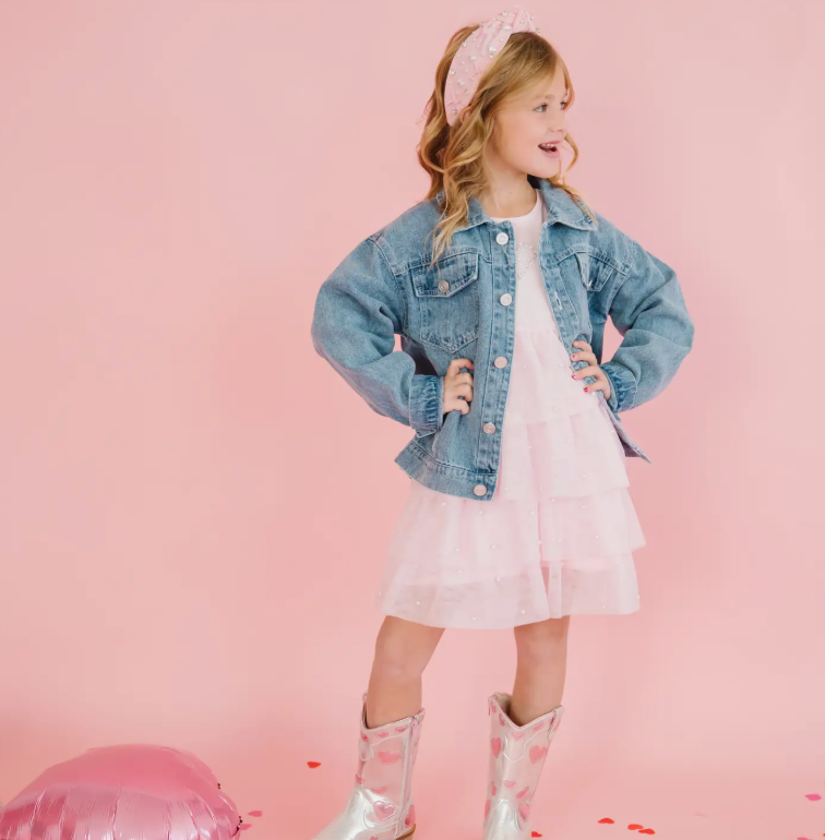 Sweet Wink Pearl Heart Patch Denim Jacket