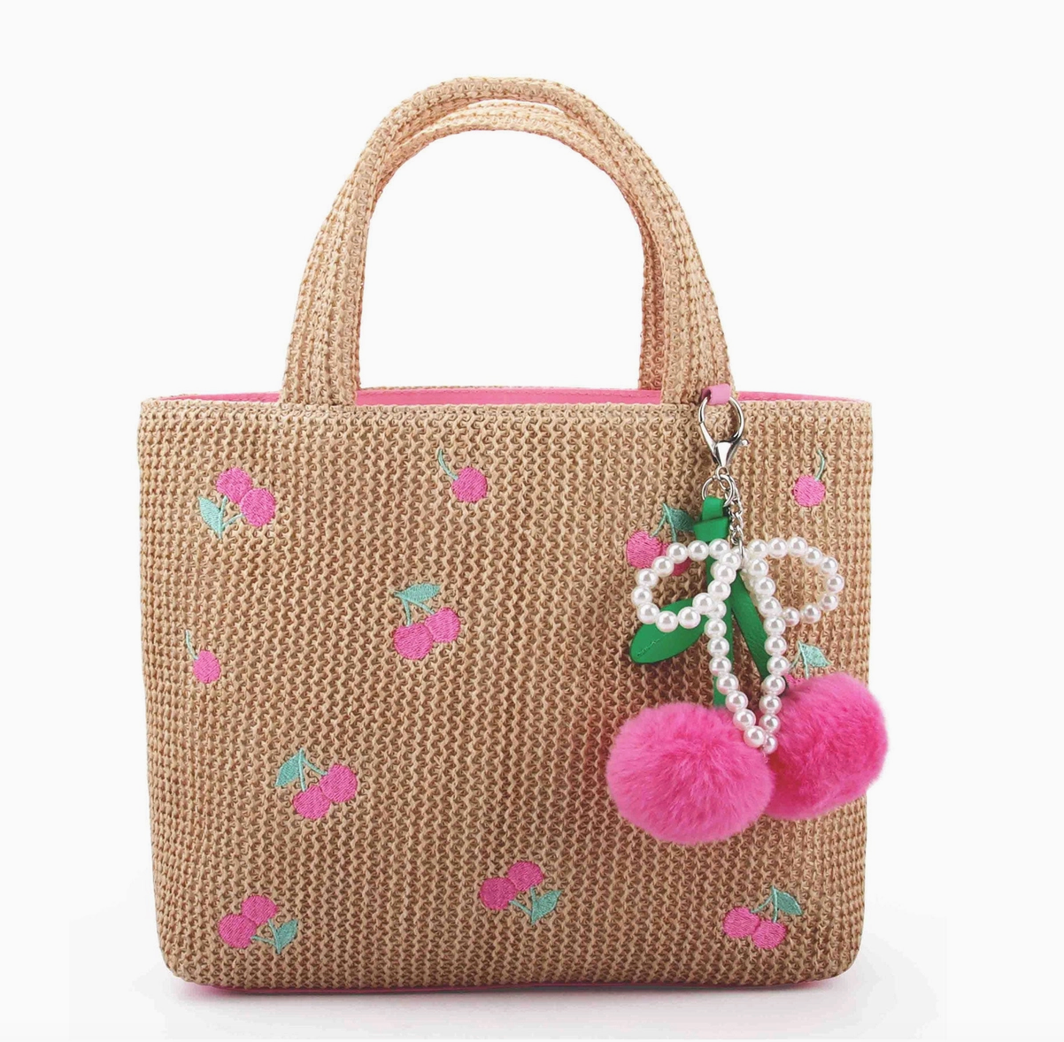 OMG Cherry Patched Straw Mini Tote Bag w/Charm
