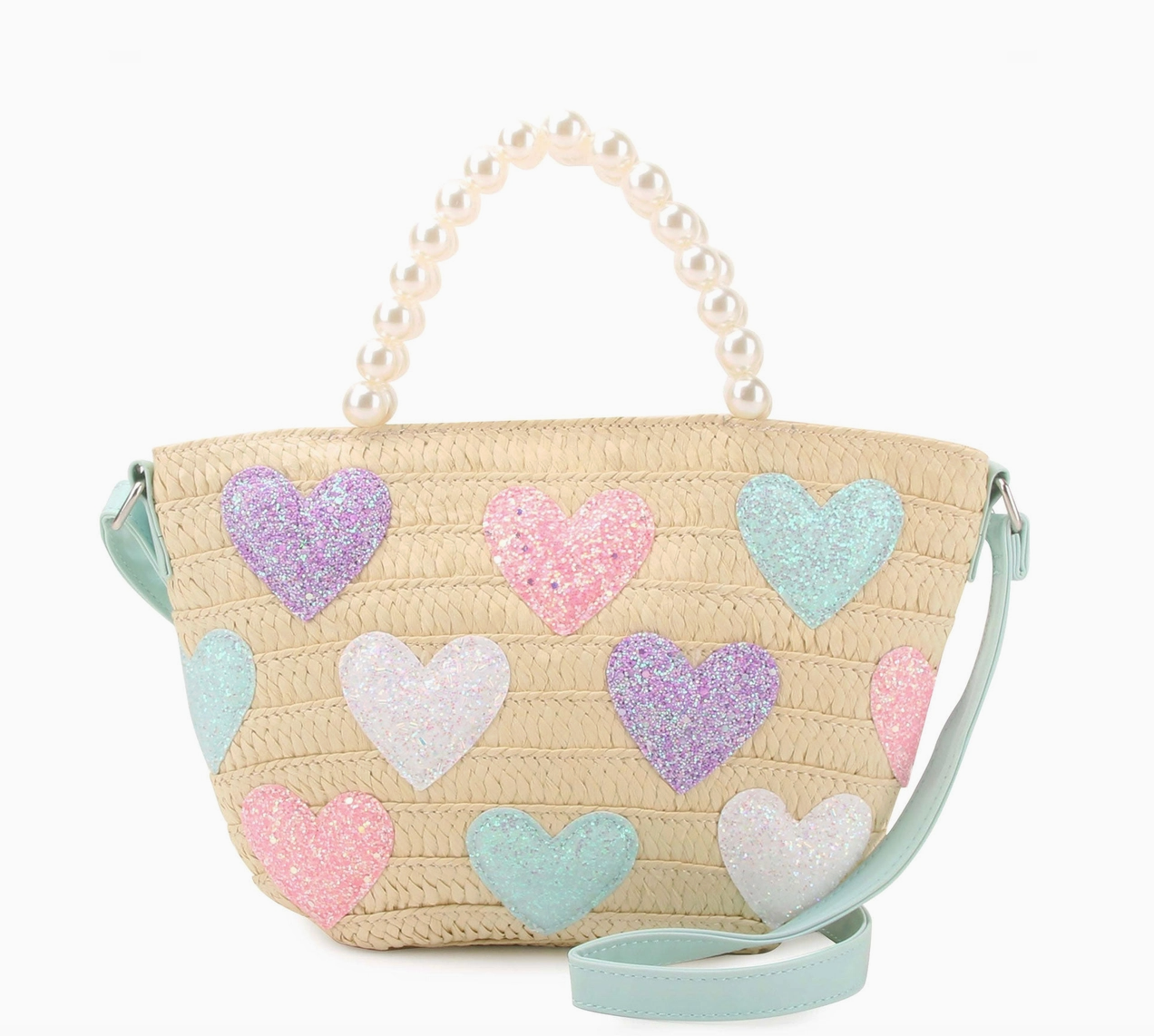 OMG Glitter Hearts Straw Pearl Handle Tote Bag