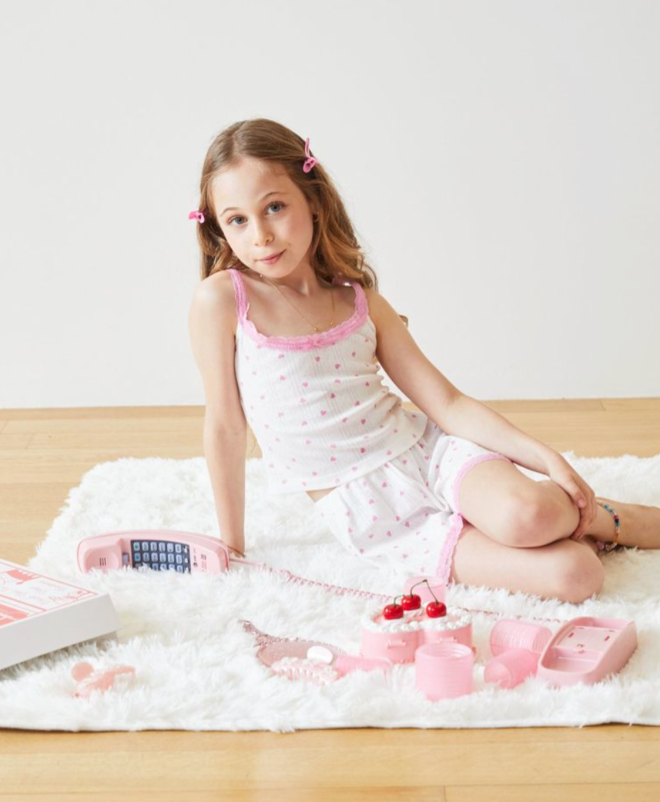 Theme White w/ Pink Hearts Pointelle Set