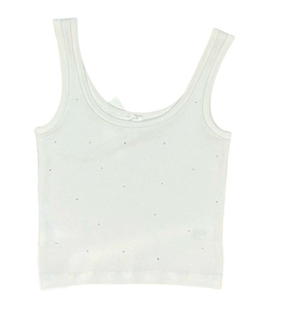 Theme Studded White w/ Rhinestones Ribbed Tank