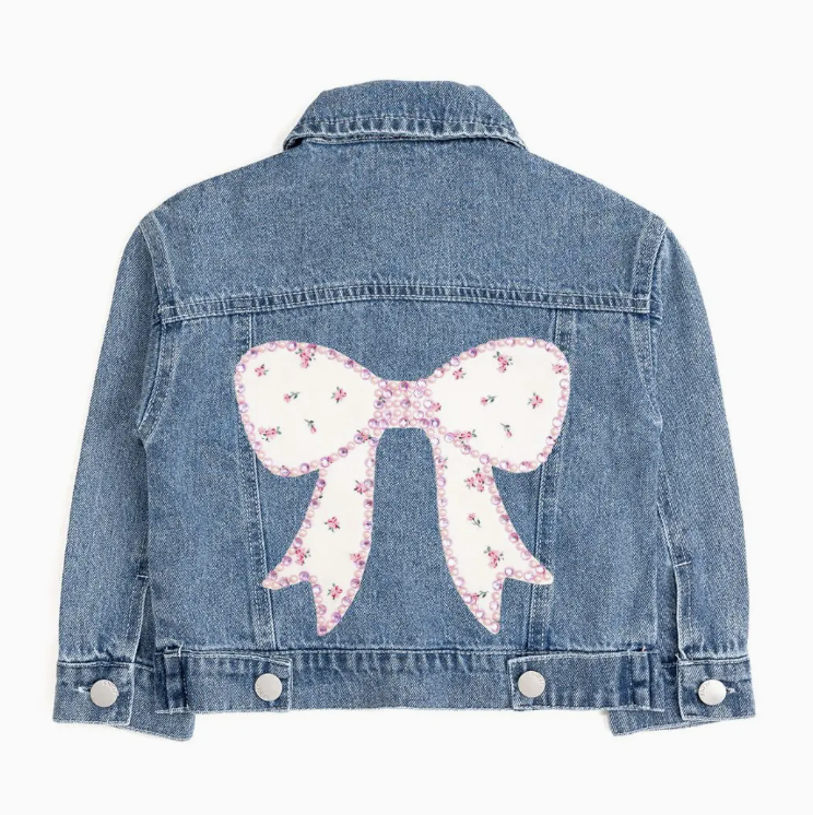 Sweet Wink Pearl &Gemstone Floral Bow Denim Jacket