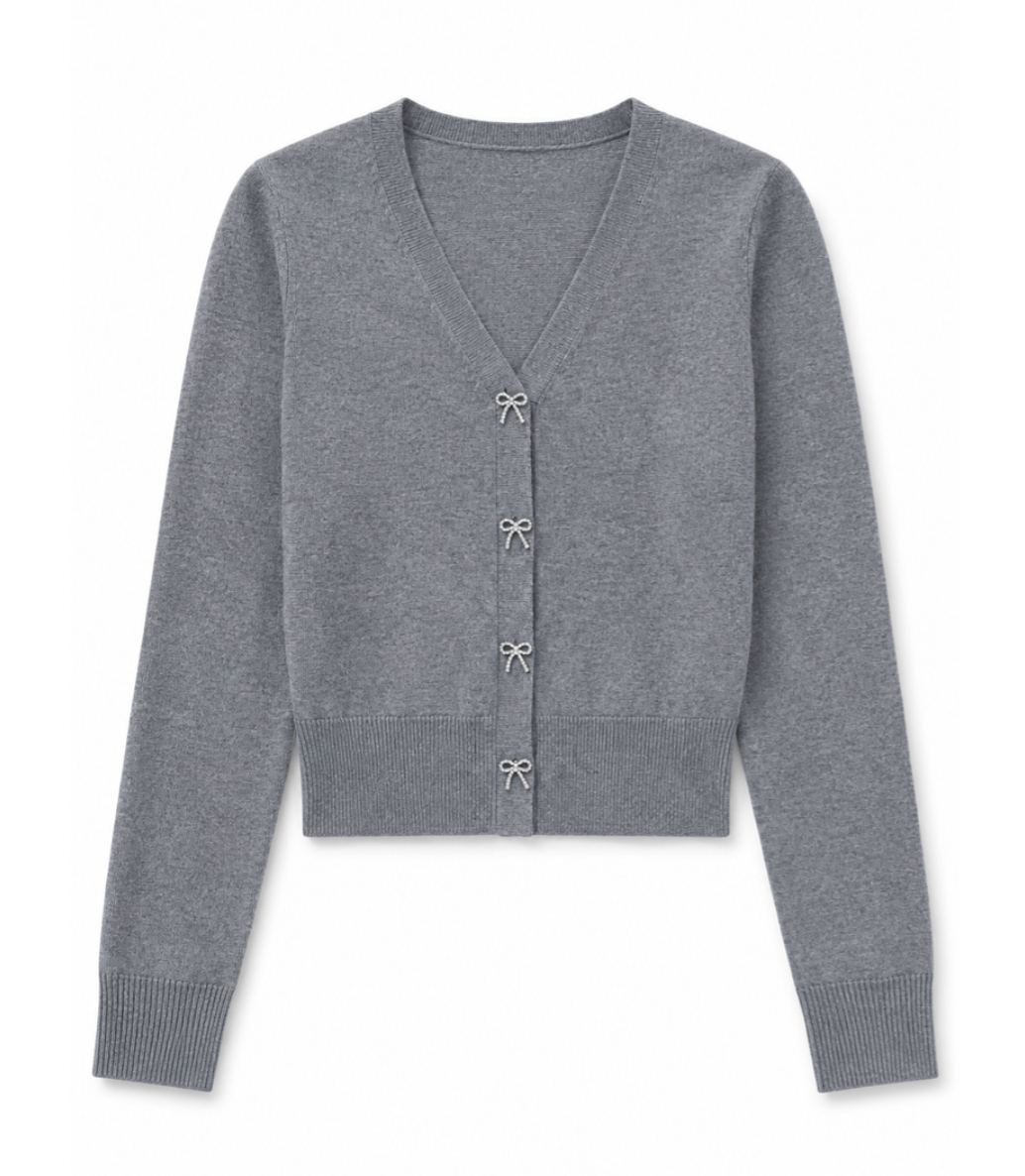 Theme Grey w/ Bow Diamond Buttons Cardigan