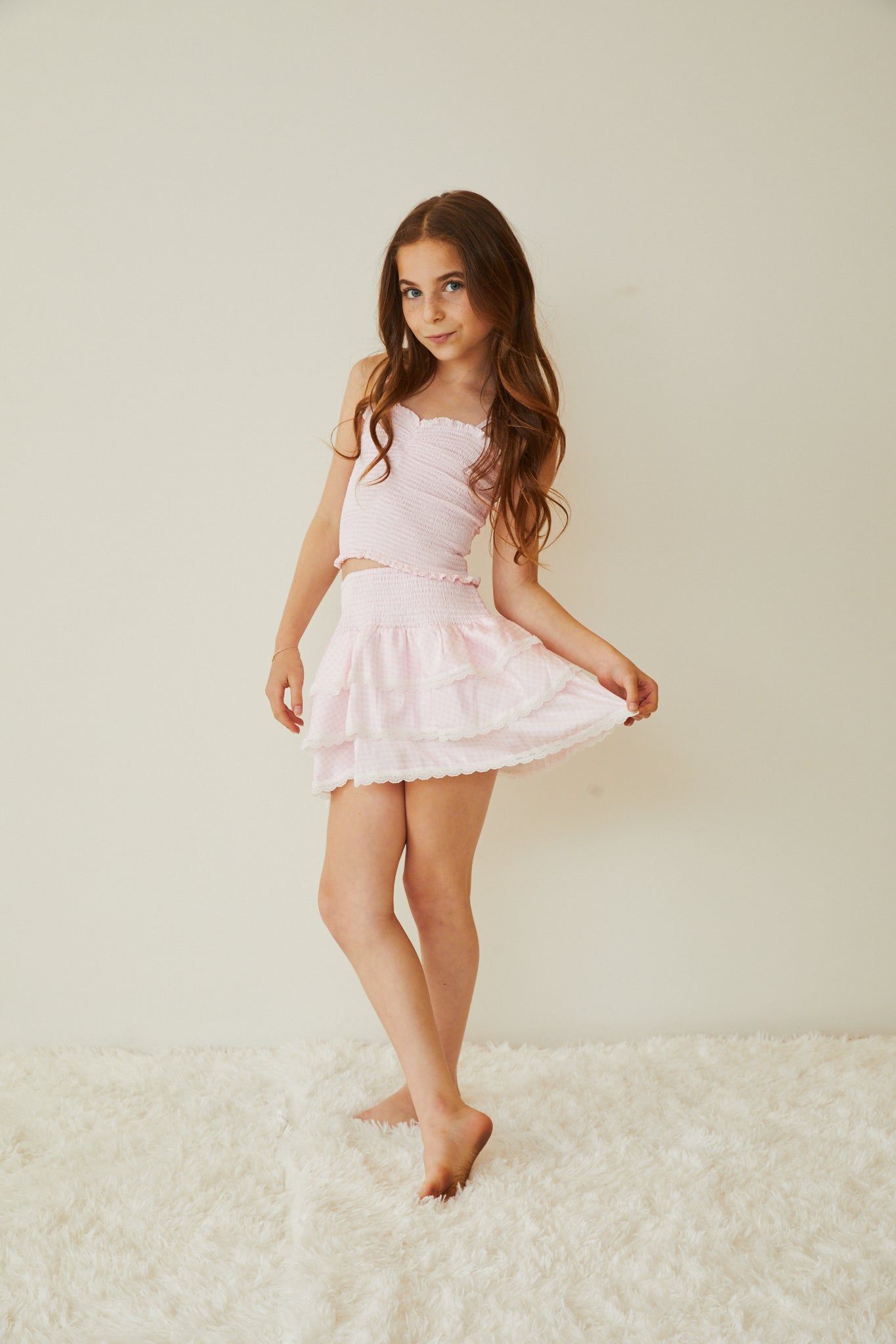 Theme Gingham Hearts Satin Smocked Top