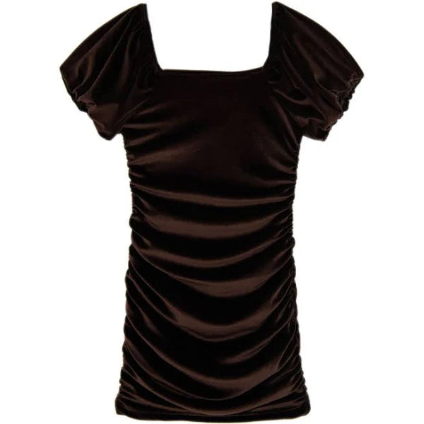 Brown Velvet Ruched Dress